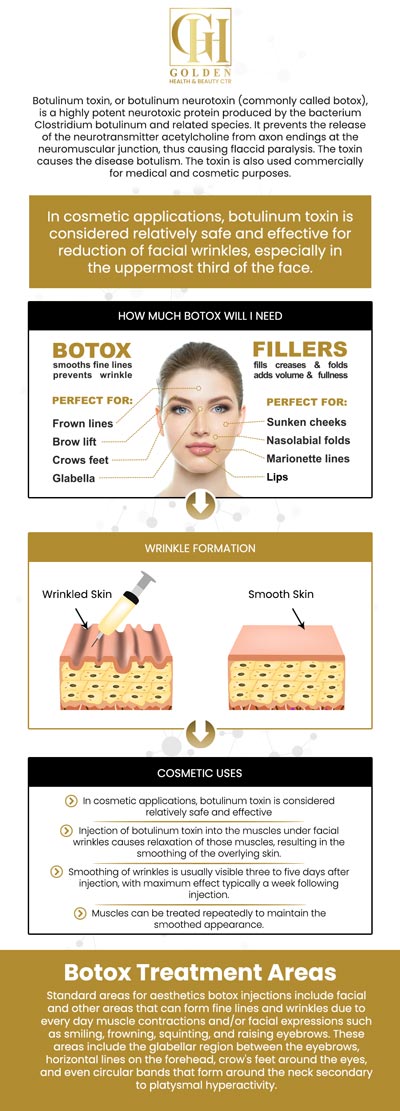 Botox is a popular treatment designed to smooth fine lines and wrinkles by temporarily relaxing targeted facial muscles. It’s commonly used to soften frown lines, crow’s feet, and forehead creases, giving your appearance a refreshed, youthful look. At Golden Health and Beauty Center, Botox treatments are tailored to your unique facial anatomy and aesthetic goals, ensuring subtle, natural-looking results. Visit Dr. Pantea, DC to enhance your confidence. For more information, contact us or schedule an appointment online. We are conveniently located at 16661 Ventura Blvd #700, Encino, CA 91436. Botox is a popular treatment designed to smooth fine lines and wrinkles by temporarily relaxing targeted facial muscles. It’s commonly used to soften frown lines, crow’s feet, and forehead creases, giving your appearance a refreshed, youthful look. At Golden Health and Beauty Center, Botox treatments are tailored to your unique facial anatomy and aesthetic goals, ensuring subtle, natural-looking results. Visit Dr. Pantea, DC to enhance your confidence. For more information, contact us or schedule an appointment online. We are conveniently located at 16661 Ventura Blvd #700, Encino, CA 91436.