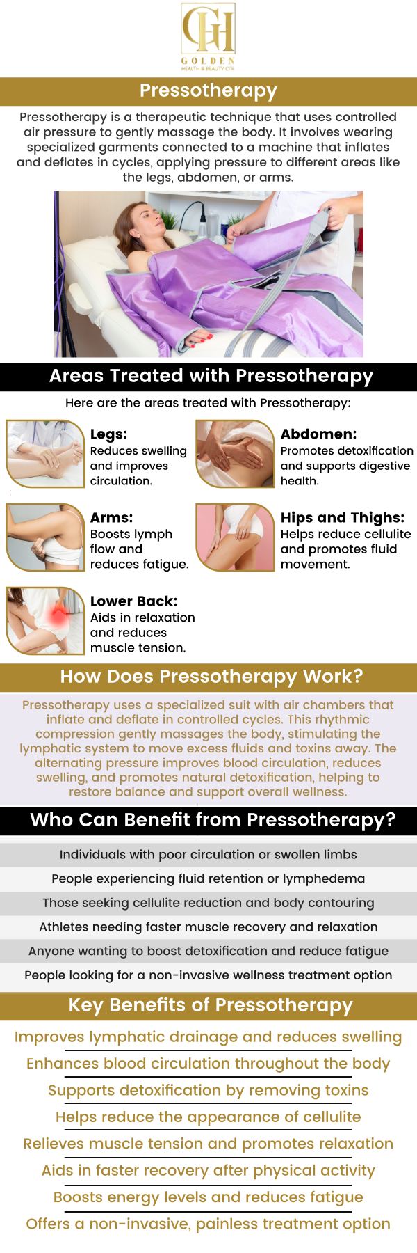 Pressotherapy is a non-invasive treatment that uses specialized garments to improve lymphatic circulation and reduce fluid retention, resulting in relaxation, reduced swelling, and improved skin tone, as well as reduced cellulite and toxins. If you are considering pressotherapy and want to know what to expect before and after it, consult Dr. Pantea Nikaeen, DC and her team at Golden Health & Beauty Center. For more information, contact us or schedule an appointment online. We are conveniently located at 16661 Ventura Blvd #700, Encino, CA 91436. Pressotherapy is a non-invasive treatment that uses specialized garments to improve lymphatic circulation and reduce fluid retention, resulting in relaxation, reduced swelling, and improved skin tone, as well as reduced cellulite and toxins. If you are considering pressotherapy and want to know what to expect before and after it, consult Dr. Pantea Nikaeen, DC and her team at Golden Health & Beauty Center. For more information, contact us or schedule an appointment online. We are conveniently located at 16661 Ventura Blvd #700, Encino, CA 91436.