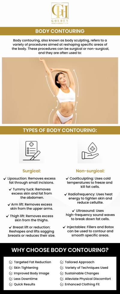 The American Society of Plastic Surgeons reports that more than 68,000 people choose to have body-contouring surgery after losing weight. Body contouring helps to lose excess fat, make the skin tighten, and shape the body. Dr. Pantea Nikaeen, DC provides a skin rejuvenation and body contouring procedure at Golden Health and Beauty Center. Certain body parts can be treated with body contouring, including arm lifts, chest lifts, facelifts, lower body lift, medial thigh lift, and tummy tuck. To learn more about the procedure, contact us or schedule an appointment online. We are conveniently located at 16661 Ventura Blvd #700, Encino, CA 91436.