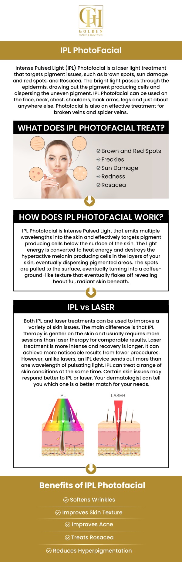 IPL treatment is commonly associated with reducing signs of aging and tightening the skin, it can also be beneficial for addressing skin damage resulting from trauma or injury, as well as improving the symptoms of conditions like rosacea. Dr. Pantea Nikaeen, DC offers professional, personalized service and great results at an affordable cost customized to your needs at Golden Health & Beauty Centre. IPL treatments in Encino, CA, generally cost between $700 and $1,200 per session, with prices varying based on the treatment type, area size, and provider expertise. For more information, contact us or schedule an appointment online. We are conveniently located at 16661 Ventura Blvd #700, Encino, CA 91436.