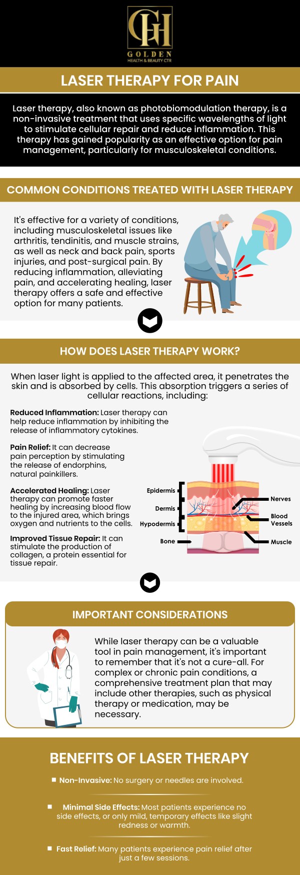 Laser pain relief therapy is a non-invasive treatment that uses low-level laser or cold laser technology to reduce pain and inflammation. It works by stimulating cellular activity, promoting tissue repair, and improving blood circulation, which helps accelerate healing. For more information, contact us or schedule an appointment online. We are conveniently located at 16661 Ventura Blvd #700, Encino, CA 91436.