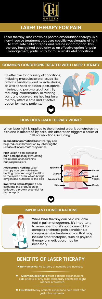 Laser pain relief therapy is a non-invasive treatment that uses low-level laser or cold laser technology to reduce pain and inflammation. It works by stimulating cellular activity, promoting tissue repair, and improving blood circulation, which helps accelerate healing. For more information, contact us or schedule an appointment online. We are conveniently located at 16661 Ventura Blvd #700, Encino, CA 91436.